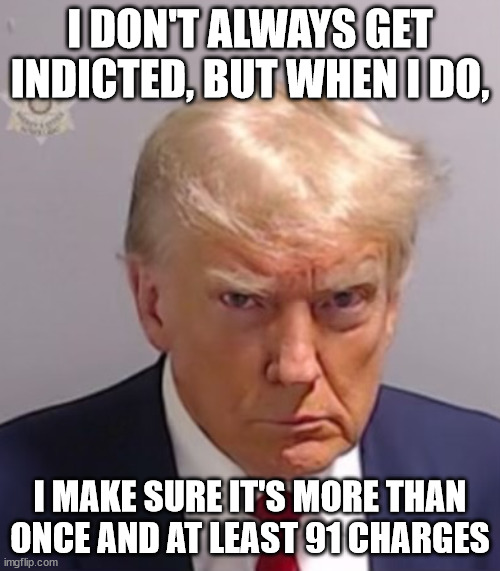 Donald Trump Mugshot | I DON'T ALWAYS GET INDICTED, BUT WHEN I DO, I MAKE SURE IT'S MORE THAN ONCE AND AT LEAST 91 CHARGES | image tagged in donald trump mugshot | made w/ Imgflip meme maker