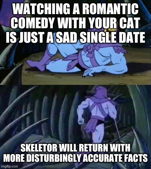 I dunno I get ai to think these things… | WATCHING A ROMANTIC COMEDY WITH YOUR CAT IS JUST A SAD SINGLE DATE; SKELETOR WILL RETURN WITH MORE DISTURBINGLY ACCURATE FACTS | image tagged in skeletor disturbing facts | made w/ Imgflip meme maker