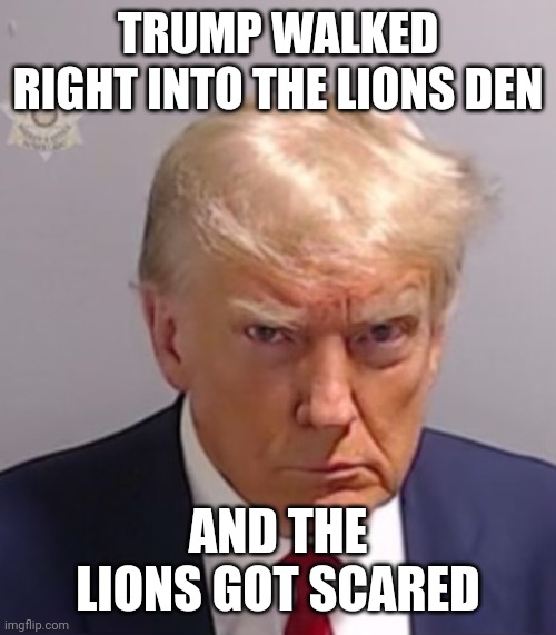 Donald Trump Mugshot | TRUMP WALKED RIGHT INTO THE LIONS DEN; AND THE LIONS GOT SCARED | image tagged in donald trump mugshot | made w/ Imgflip meme maker
