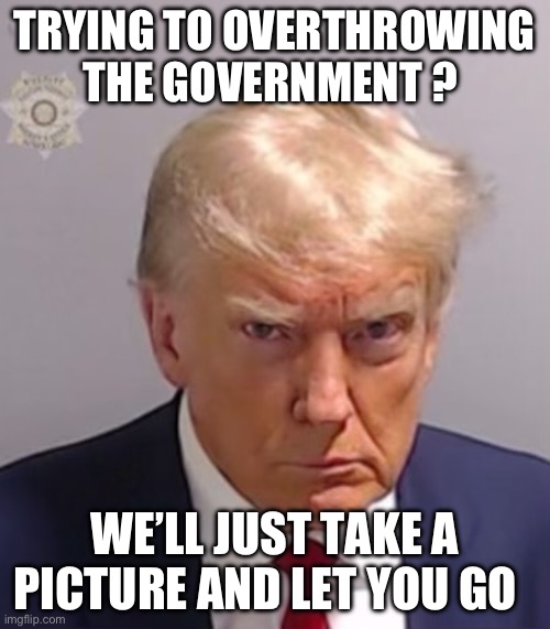 Donald Trump Mugshot | TRYING TO OVERTHROWING THE GOVERNMENT ? WE’LL JUST TAKE A PICTURE AND LET YOU GO | image tagged in donald trump mugshot,politics | made w/ Imgflip meme maker