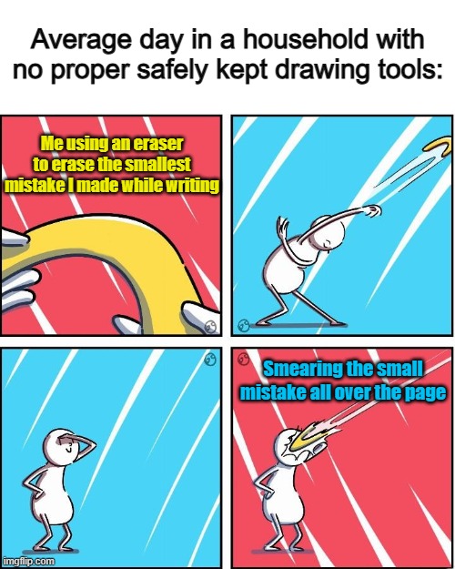 *Facepalm* | Average day in a household with no proper safely kept drawing tools:; Me using an eraser to erase the smallest mistake I made while writing; Smearing the small mistake all over the page | image tagged in buff doge vs cheems | made w/ Imgflip meme maker