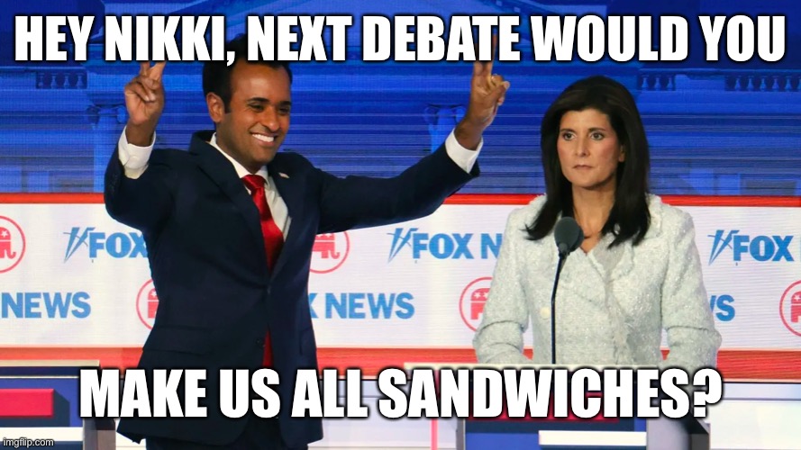 I don’t care who you like or not, the sitcom line of the year is…. | HEY NIKKI, NEXT DEBATE WOULD YOU; MAKE US ALL SANDWICHES? | image tagged in victory vivek,nikki haley,ask a woman,sandwiches | made w/ Imgflip meme maker
