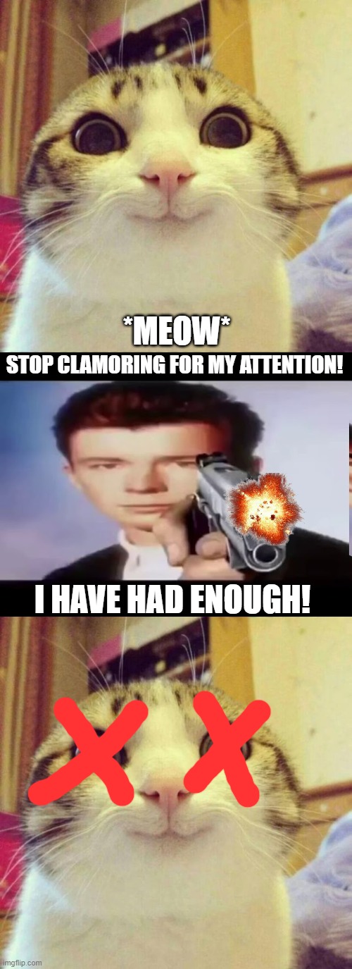 *MEOW*; STOP CLAMORING FOR MY ATTENTION! I HAVE HAD ENOUGH! | image tagged in memes,smiling cat,rick with gun | made w/ Imgflip meme maker