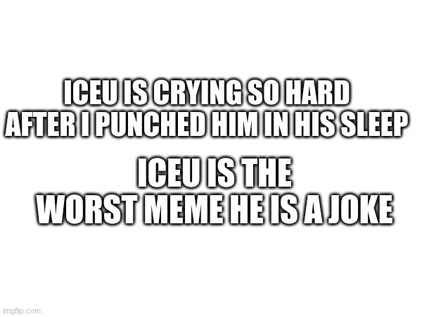 iceu is bad | ICEU IS CRYING SO HARD AFTER I PUNCHED HIM IN HIS SLEEP; ICEU IS THE WORST MEME HE IS A JOKE | image tagged in memes,funny,funny memes,iceu,drake hotline bling,left exit 12 off ramp | made w/ Imgflip meme maker