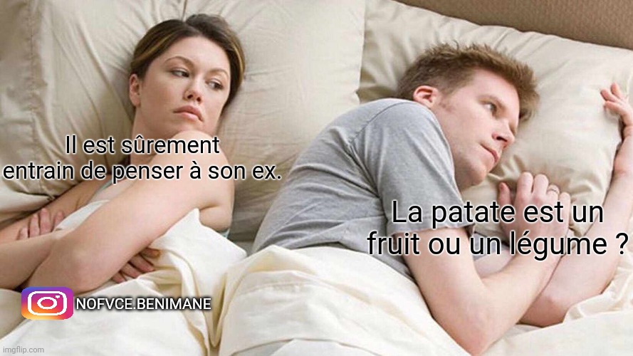 Cheat wife | Il est sûrement entrain de penser à son ex. La patate est un fruit ou un légume ? NOFVCE.BENIMANE | image tagged in memes,i bet he's thinking about other women | made w/ Imgflip meme maker