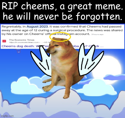 Rest in peace. | RIP cheems, a great meme. he will never be forgotten. | image tagged in rip cheems help spread the word | made w/ Imgflip meme maker