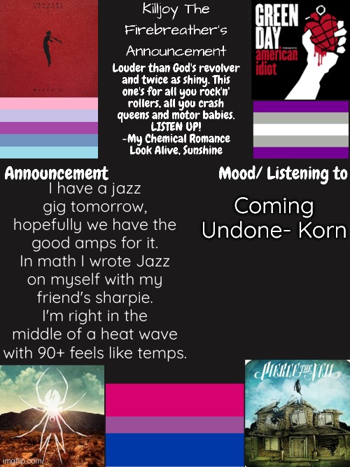 First time I've listened to Korn | Coming Undone- Korn; I have a jazz gig tomorrow, hopefully we have the good amps for it. In math I wrote Jazz on myself with my friend's sharpie. I'm right in the middle of a heat wave with 90+ feels like temps. | image tagged in jazz | made w/ Imgflip meme maker