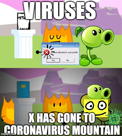 BFB 22 Firey and X meme | VIRUSES; X HAS GONE TO CORONAVIRUS MOUNTAIN | image tagged in bfb 22 firey and x meme | made w/ Imgflip meme maker