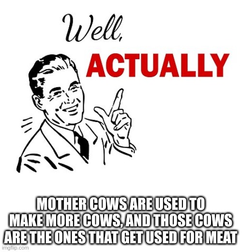 Well Actually | MOTHER COWS ARE USED TO MAKE MORE COWS, AND THOSE COWS ARE THE ONES THAT GET USED FOR MEAT | image tagged in well actually | made w/ Imgflip meme maker