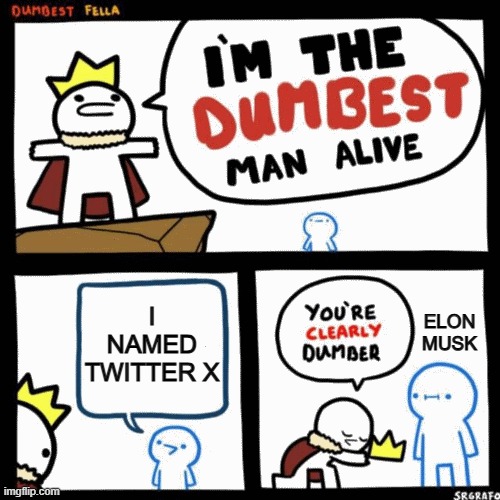 like what does it stand for | I NAMED TWITTER X; ELON MUSK | image tagged in i'm the dumbest man alive | made w/ Imgflip meme maker