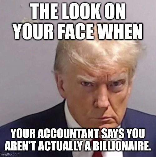 trymp | THE LOOK ON YOUR FACE WHEN; YOUR ACCOUNTANT SAYS YOU AREN'T ACTUALLY A BILLIONAIRE. | image tagged in trymp | made w/ Imgflip meme maker