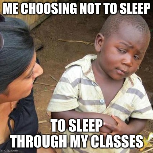 Good Idea Bruh | ME CHOOSING NOT TO SLEEP; TO SLEEP THROUGH MY CLASSES | image tagged in memes,third world skeptical kid | made w/ Imgflip meme maker