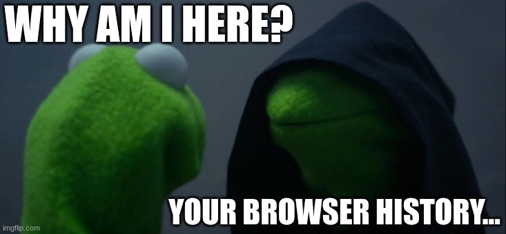 Oh no, not my browser history | WHY AM I HERE? YOUR BROWSER HISTORY... | image tagged in memes,evil kermit | made w/ Imgflip meme maker