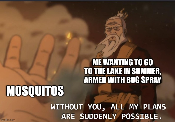 Without mosquitos, all my lake plans are possible | ME WANTING TO GO TO THE LAKE IN SUMMER, ARMED WITH BUG SPRAY; MOSQUITOS | image tagged in all of sozin's plans are suddenly possible,mosquito | made w/ Imgflip meme maker
