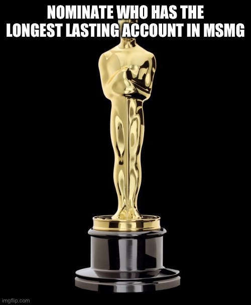 Oscar Exam | NOMINATE WHO HAS THE LONGEST LASTING ACCOUNT IN MSMG | image tagged in oscar exam | made w/ Imgflip meme maker