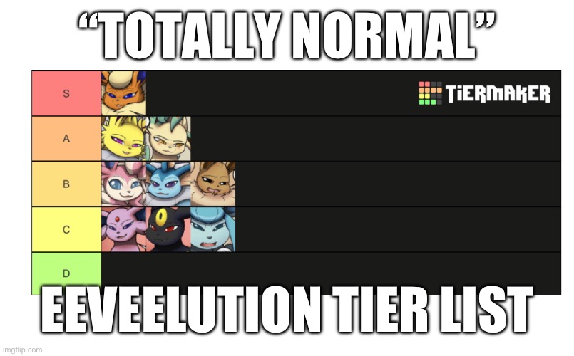 Eeveelution tier list | “TOTALLY NORMAL”; EEVEELUTION TIER LIST | image tagged in pokemon | made w/ Imgflip meme maker