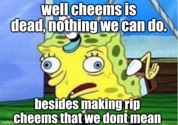 cheems is dead | well cheems is dead, nothing we can do. besides making rip cheems that we dont mean | image tagged in memes,mocking spongebob | made w/ Imgflip meme maker