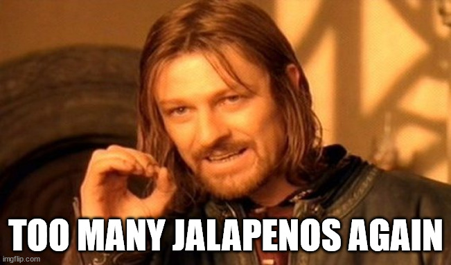Too Many Jalapenos Again | TOO MANY JALAPENOS AGAIN | image tagged in memes,one does not simply | made w/ Imgflip meme maker