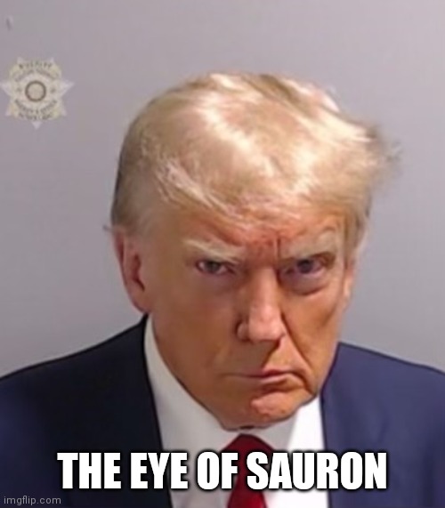 Donald Trump Mugshot | THE EYE OF SAURON | image tagged in donald trump mugshot | made w/ Imgflip meme maker