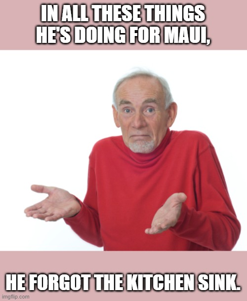 Guess I'll die  | IN ALL THESE THINGS HE'S DOING FOR MAUI, HE FORGOT THE KITCHEN SINK. | image tagged in guess i'll die | made w/ Imgflip meme maker