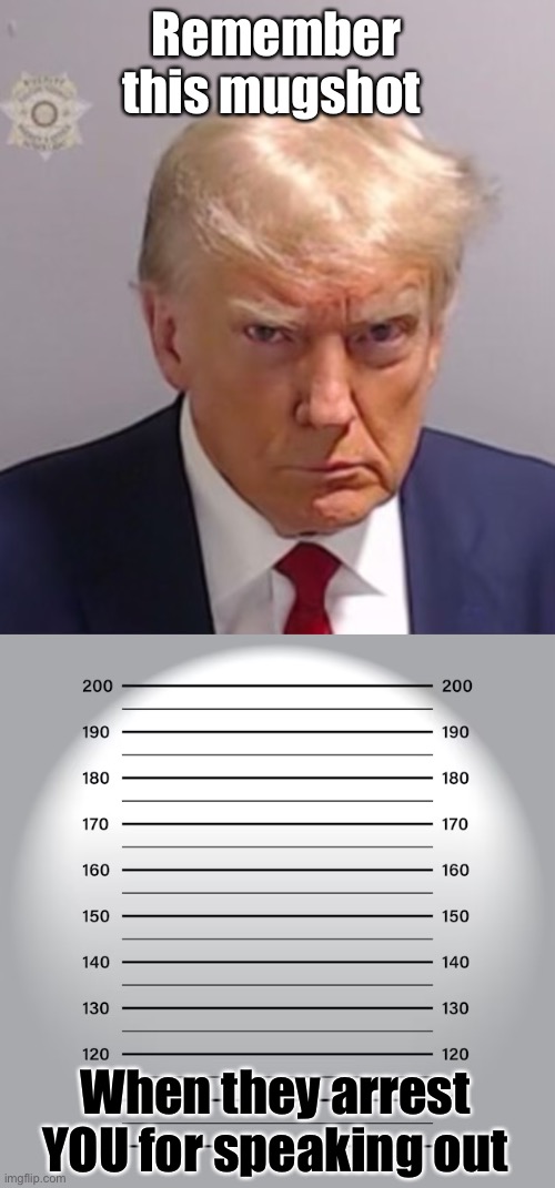 Free speech applies to everybody or nobody. | Remember this mugshot; When they arrest YOU for speaking out | image tagged in donald trump mugshot,politics,government corruption,free speech,liberal hypocrisy,communism socialism | made w/ Imgflip meme maker