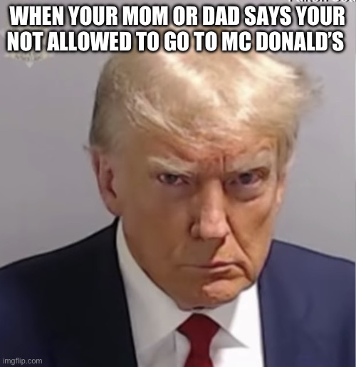 U turned his mug shot into a meme (I’m going to jail!) | WHEN YOUR MOM OR DAD SAYS YOUR NOT ALLOWED TO GO TO MC DONALD’S | image tagged in unhappy trump | made w/ Imgflip meme maker