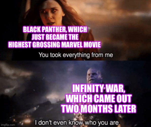 Sorry Mr. Panther | BLACK PANTHER, WHICH JUST BECAME THE HIGHEST GROSSING MARVEL MOVIE; INFINITY WAR, WHICH CAME OUT TWO MONTHS LATER | image tagged in you took everything from me - i don't even know who you are | made w/ Imgflip meme maker