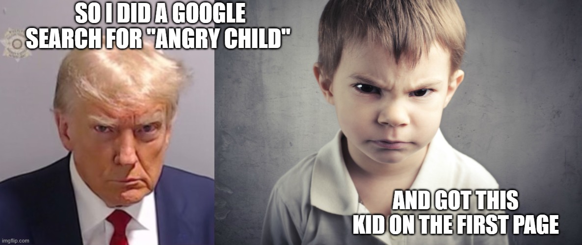Not surprising.... not surprising at all | SO I DID A GOOGLE SEARCH FOR "ANGRY CHILD"; AND GOT THIS KID ON THE FIRST PAGE | image tagged in donald trump mugshot,trump unfit unqualified dangerous,thug,spoiled brat,corrupt,villain | made w/ Imgflip meme maker