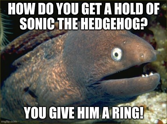 Bad Joke Eel | HOW DO YOU GET A HOLD OF
SONIC THE HEDGEHOG? YOU GIVE HIM A RING! | image tagged in memes,bad joke eel,lol so funny,bad puns,fish,sonic the hedgehog | made w/ Imgflip meme maker
