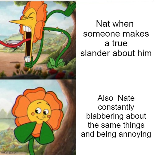 Cuphead Flower | Nat when  someone makes a true slander about him; Also  Nate constantly blabbering about the same things and being annoying | image tagged in cuphead flower | made w/ Imgflip meme maker
