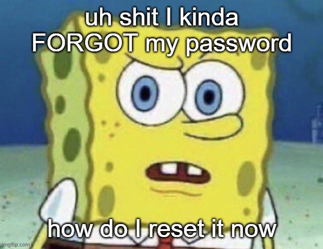 confused spongebob | uh shit I kinda FORGOT my password; how do I reset it now | image tagged in confused spongebob | made w/ Imgflip meme maker