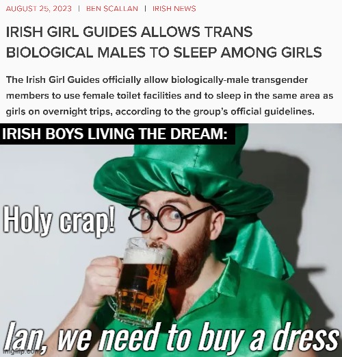 Basically | IRISH BOYS LIVING THE DREAM:; Holy crap! Ian, we need to buy a dress | image tagged in irish guy,politics,sarcasm | made w/ Imgflip meme maker