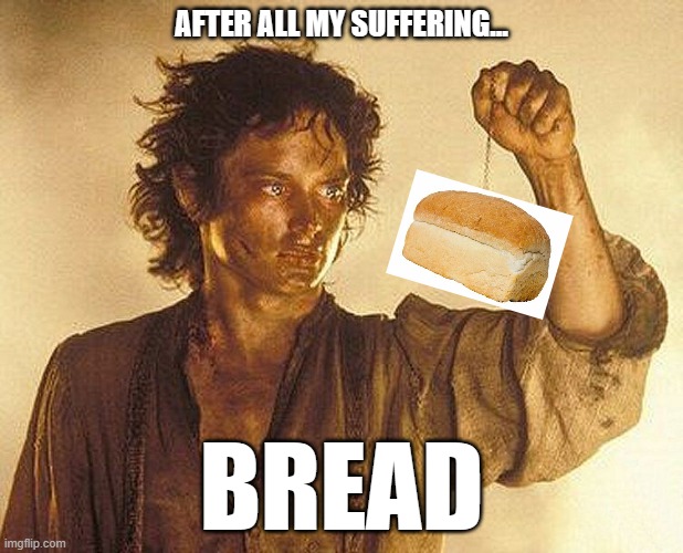 frodo ring | AFTER ALL MY SUFFERING... BREAD | image tagged in frodo ring | made w/ Imgflip meme maker