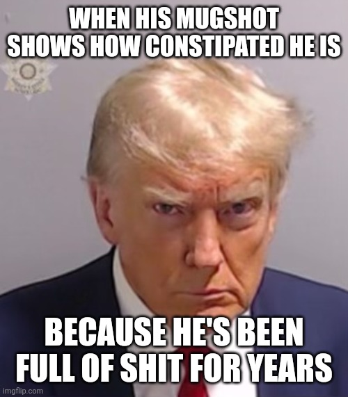 Donald Trump Mugshot | WHEN HIS MUGSHOT SHOWS HOW CONSTIPATED HE IS; BECAUSE HE'S BEEN FULL OF SHIT FOR YEARS | image tagged in donald trump mugshot | made w/ Imgflip meme maker