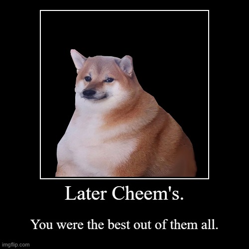 Later Cheem's. | You were the best out of them all. | image tagged in funny,demotivationals,cheems | made w/ Imgflip demotivational maker