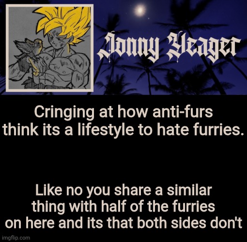 No hate on any side btw | Cringing at how anti-furs think its a lifestyle to hate furries. Like no you share a similar thing with half of the furries on here and its that both sides don't | image tagged in jonny yeager's 16th template | made w/ Imgflip meme maker