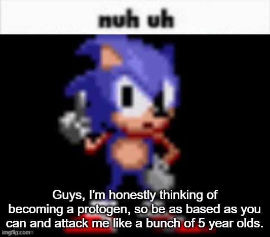 CD Sonic Nuh Uh | Guys, I'm honestly thinking of becoming a protogen, so be as based as you can and attack me like a bunch of 5 year olds. | image tagged in cd sonic nuh uh | made w/ Imgflip meme maker