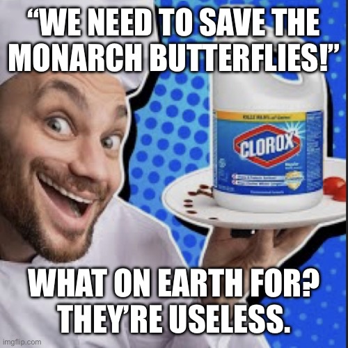 Chef serving clorox | “WE NEED TO SAVE THE
MONARCH BUTTERFLIES!”; WHAT ON EARTH FOR?
THEY’RE USELESS. | image tagged in chef serving clorox | made w/ Imgflip meme maker