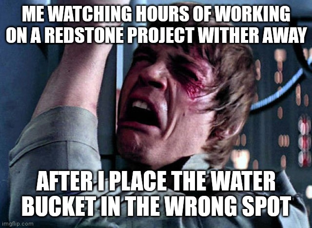 No... WHY?! | ME WATCHING HOURS OF WORKING ON A REDSTONE PROJECT WITHER AWAY; AFTER I PLACE THE WATER BUCKET IN THE WRONG SPOT | image tagged in nooo | made w/ Imgflip meme maker