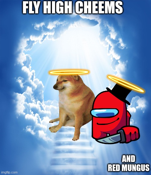 legends | FLY HIGH CHEEMS; AND RED MUNGUS | image tagged in heaven,cheems,red mungus,rip | made w/ Imgflip meme maker