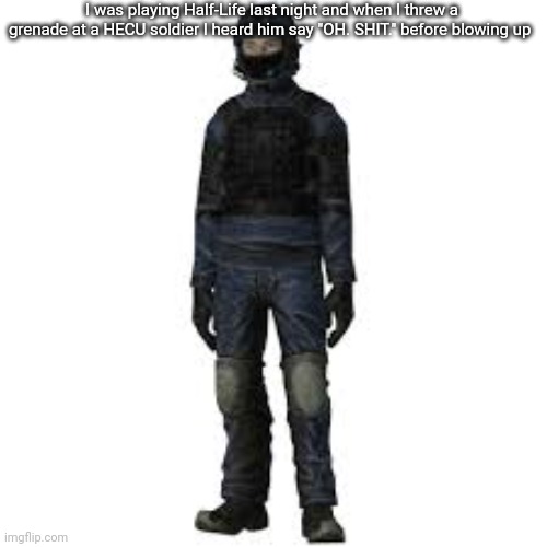 the he | I was playing Half-Life last night and when I threw a grenade at a HECU soldier I heard him say "OH. SHIT." before blowing up | image tagged in the he | made w/ Imgflip meme maker