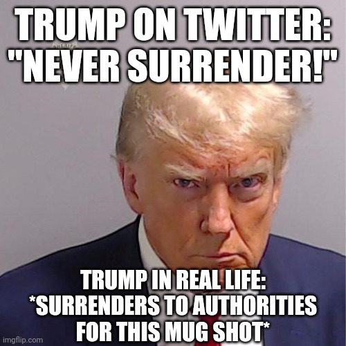 The reality of Donald Trump pales in comparison to the fantastical online mythology his supporters have built around him. | TRUMP ON TWITTER: "NEVER SURRENDER!"; TRUMP IN REAL LIFE:
*SURRENDERS TO AUTHORITIES
FOR THIS MUG SHOT* | image tagged in donald trump,mugshot,surrender,hypocrisy,fantasy,reality | made w/ Imgflip meme maker