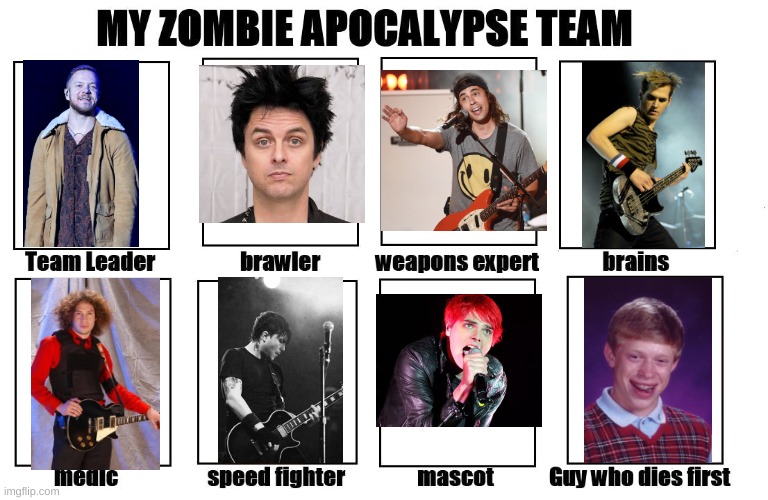 Alt for Imagine Dragons and MCR. Yes, I put Bad Luck Brian on there. | image tagged in my zombie apocalypse team,dan reynolds,vic,billie joe armstrong,my chemical romance | made w/ Imgflip meme maker