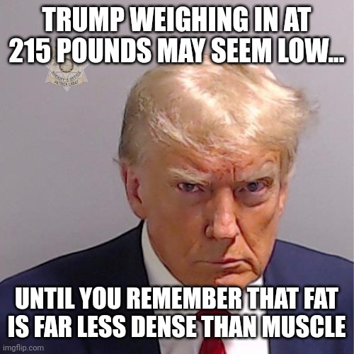 He's just a lot less muscular than you thought he was. | TRUMP WEIGHING IN AT 215 POUNDS MAY SEEM LOW... UNTIL YOU REMEMBER THAT FAT
IS FAR LESS DENSE THAN MUSCLE | image tagged in donald trump,fat,loser,mugshot,criminal,muscle | made w/ Imgflip meme maker