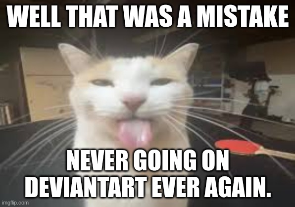 Cat | WELL THAT WAS A MISTAKE; NEVER GOING ON DEVIANTART EVER AGAIN. | image tagged in cat | made w/ Imgflip meme maker
