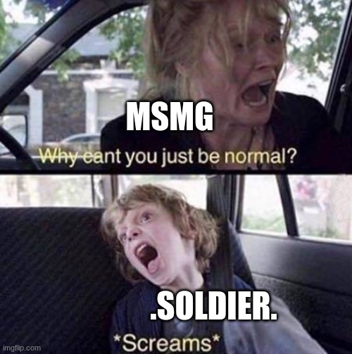 hes talking about ghosts now | MSMG; .SOLDIER. | image tagged in why can't you just be normal | made w/ Imgflip meme maker