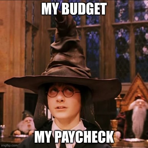 Budget sorting | MY BUDGET; MY PAYCHECK | image tagged in sorting hat | made w/ Imgflip meme maker