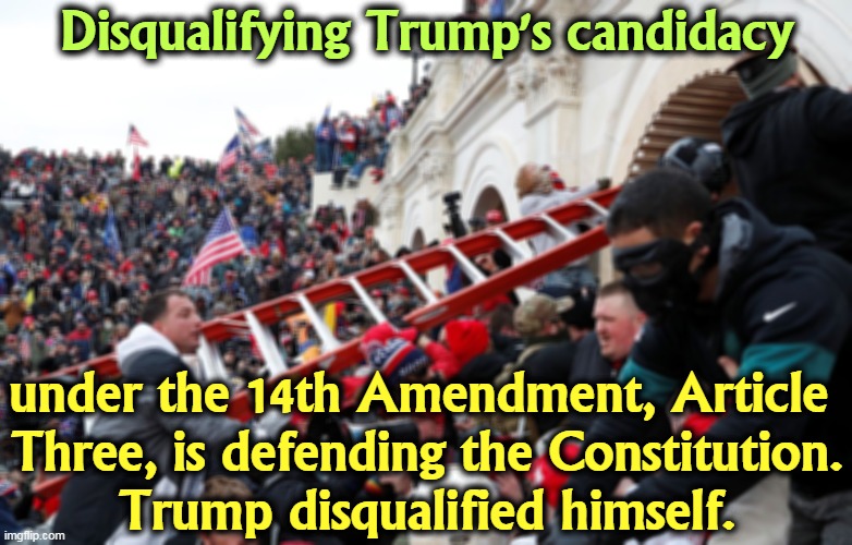 Republicans wrote this article and conservative legal scholars agree, Trump attacked the Constitution. | Disqualifying Trump's candidacy; under the 14th Amendment, Article 
Three, is defending the Constitution.
Trump disqualified himself. | image tagged in qanon - insurrection - trump riot - sedition,trump,rebellion,cancelled | made w/ Imgflip meme maker