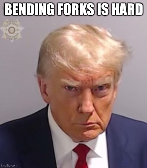 Donald Trump Mugshot | BENDING FORKS IS HARD | image tagged in donald trump mugshot | made w/ Imgflip meme maker