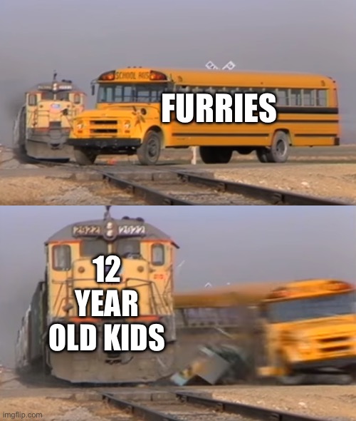 A train hitting a school bus | FURRIES; 12 YEAR OLD KIDS | image tagged in a train hitting a school bus | made w/ Imgflip meme maker